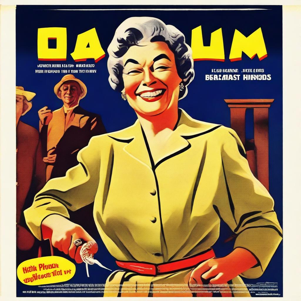 A vintage movie poster featuring an old lady smiling while holding a whip in her right hand