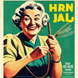 A vintage movie poster featuring an old lady smiling while holding a whip in her right hand