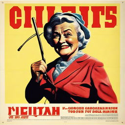 A vintage movie poster featuring an old lady smiling while holding a whip in her right hand