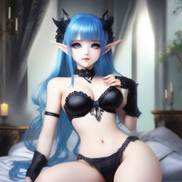 A girl with blue hair, elf eyes, and ears, wearing ultra-sexy black lingerie