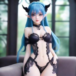 A girl with blue hair, elf eyes, and ears, wearing ultra-sexy black lingerie