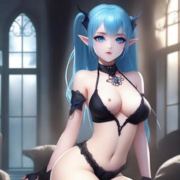 A girl with blue hair, elf eyes, and ears, wearing ultra-sexy black lingerie