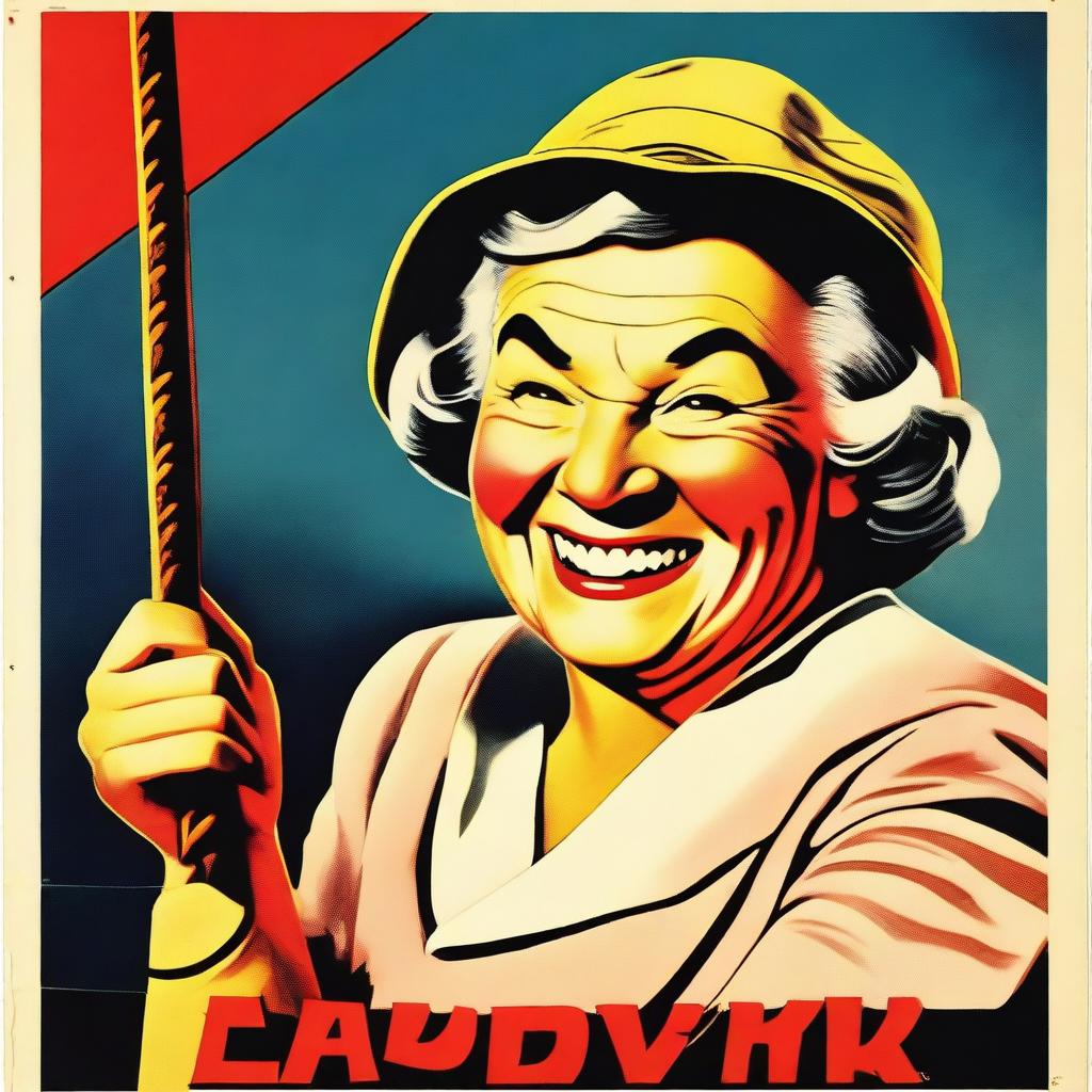 A vintage movie poster featuring an old lady smiling while holding a whip in her right hand