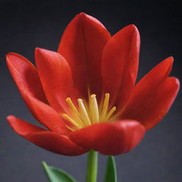 A vivid red open tulip in full bloom against a contrasting background, showcasing its intricate inner structure and vibrant petals