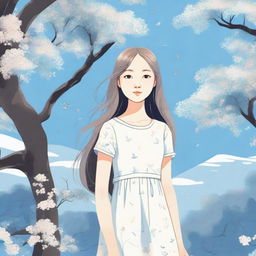 A detailed illustration of a young girl standing in a serene park