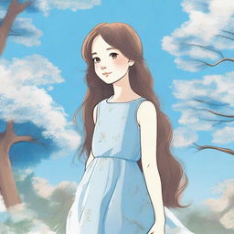 A detailed illustration of a young girl standing in a serene park