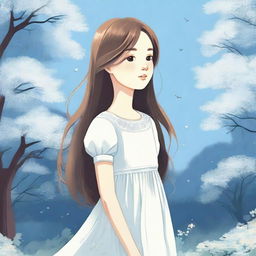 A detailed illustration of a young girl standing in a serene park