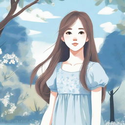 A detailed illustration of a young girl standing in a serene park