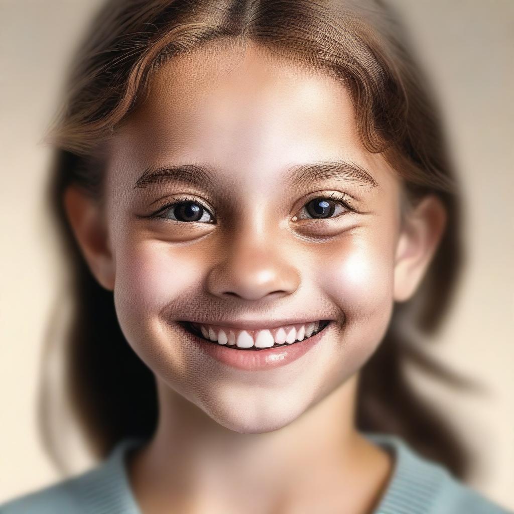 A realistic portrait of a young girl with natural features, looking happy and content