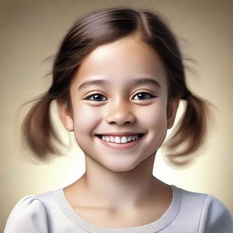 A realistic portrait of a young girl with natural features, looking happy and content