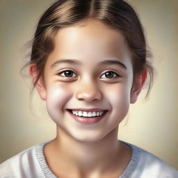 A realistic portrait of a young girl with natural features, looking happy and content