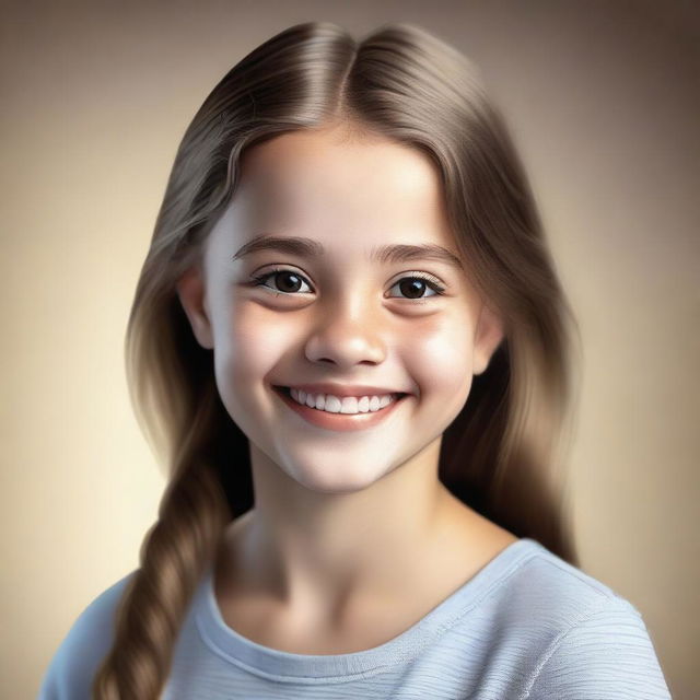 A realistic portrait of a young girl with natural features, looking happy and content