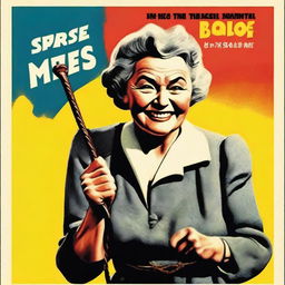 A vintage movie poster featuring an old lady smiling while holding a whip in her right hand