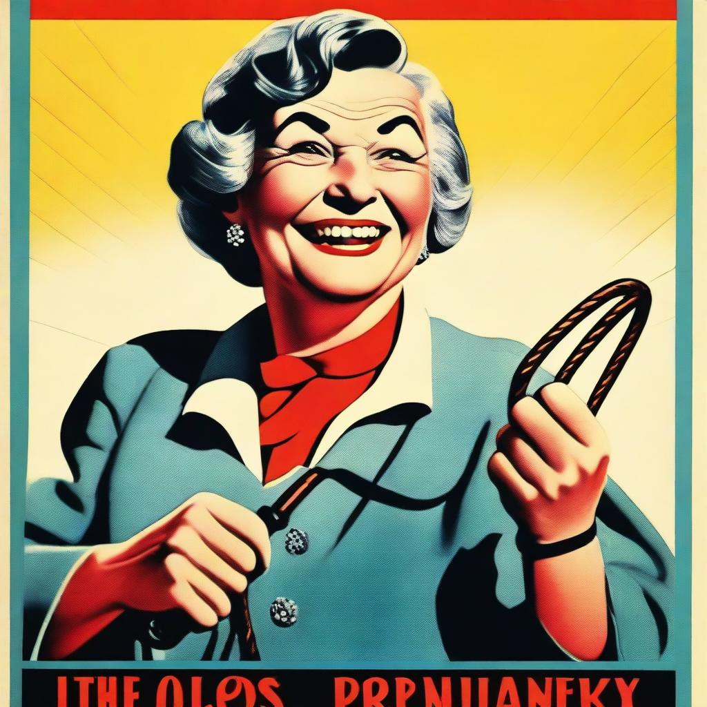 A vintage movie poster featuring an old lady smiling while holding a whip in her right hand