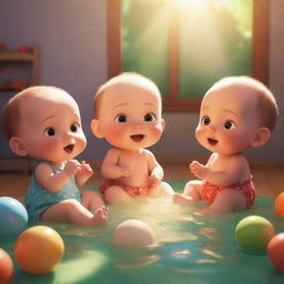 An adorable animated illustration of babies sitting together, engrossed in a vibrant storytelling session of moral tales. The setting bathed in a bright, sunlit glow adding warmth and color.