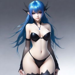 A realistic girl with blue hair, elf eyes, and ears, wearing ultra-sexy black lingerie and stockings