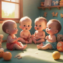 An adorable animated illustration of babies sitting together, engrossed in a vibrant storytelling session of moral tales. The setting bathed in a bright, sunlit glow adding warmth and color.