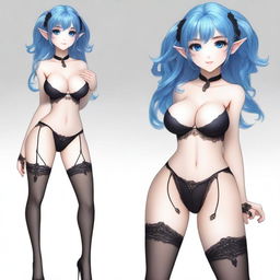 A realistic girl with blue hair, elf eyes, and ears, wearing ultra-sexy black lingerie and stockings