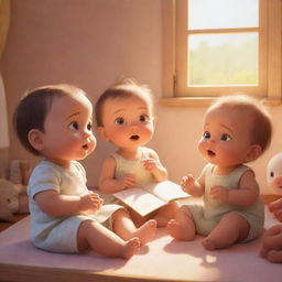 An adorable animated illustration of babies sitting together, engrossed in a vibrant storytelling session of moral tales. The setting bathed in a bright, sunlit glow adding warmth and color.