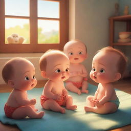 An adorable animated illustration of babies sitting together, engrossed in a vibrant storytelling session of moral tales. The setting bathed in a bright, sunlit glow adding warmth and color.