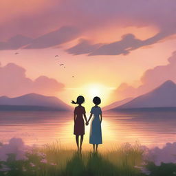 A heartwarming scene depicting love, with two characters holding hands under a beautiful sunset