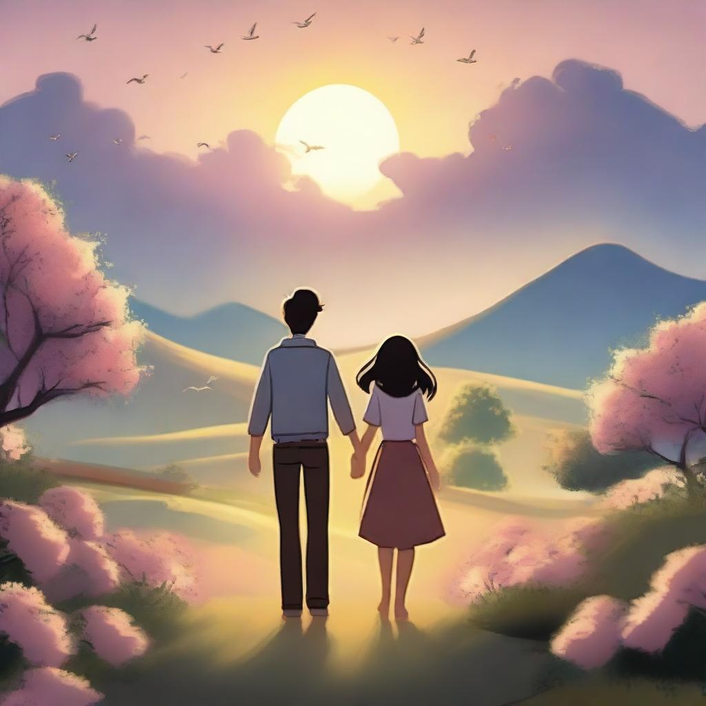 A heartwarming scene depicting love, with two characters holding hands under a beautiful sunset