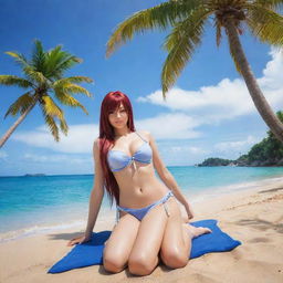 Erza Scarlet, a powerful mage from Fairy Tail, relaxing on a sun-kissed beach surrounded by azure waters and towering palm trees.