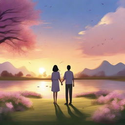 A heartwarming scene depicting love, with two characters holding hands under a beautiful sunset