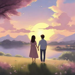 A heartwarming scene depicting love, with two characters holding hands under a beautiful sunset