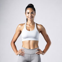 A girl wearing running pants and a sports bra standing on a plain white background