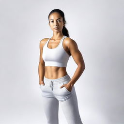 A girl wearing running pants and a sports bra standing on a plain white background