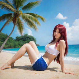 Erza Scarlet, a powerful mage from Fairy Tail, relaxing on a sun-kissed beach surrounded by azure waters and towering palm trees.