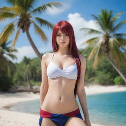 Erza Scarlet, a powerful mage from Fairy Tail, relaxing on a sun-kissed beach surrounded by azure waters and towering palm trees.