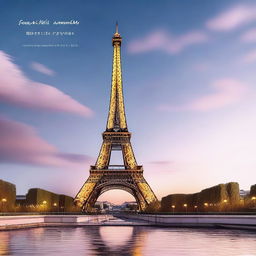 Generate an aesthetic image of the Eiffel Tower at dusk, with a beautiful twilight sky in the background