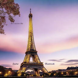 Generate an aesthetic image of the Eiffel Tower at dusk, with a beautiful twilight sky in the background