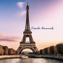 Generate an aesthetic image of the Eiffel Tower at dusk, with a beautiful twilight sky in the background