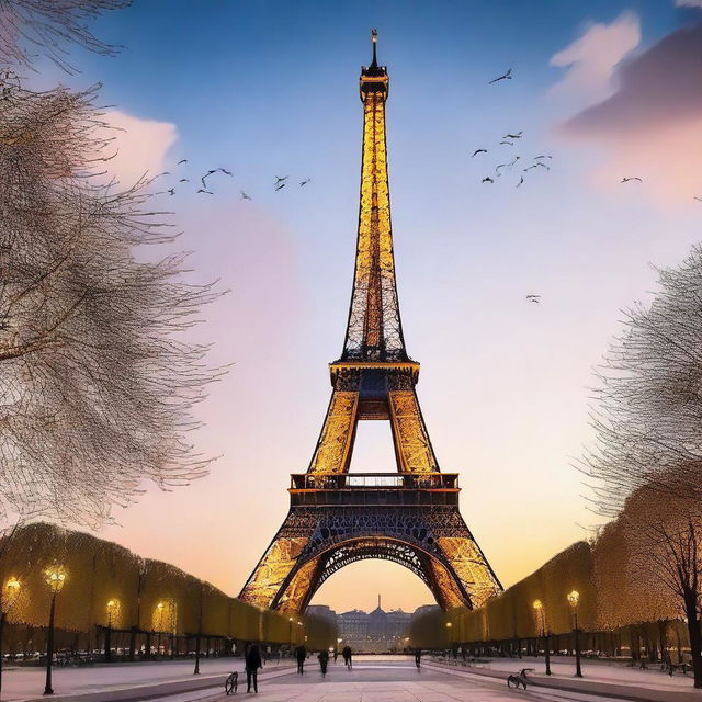 Generate an aesthetic image of the Eiffel Tower at dusk, with a beautiful twilight sky in the background