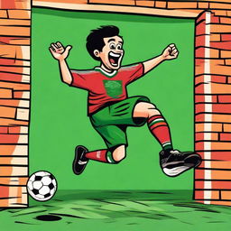 An unattractive person wearing a Mexico soccer jersey jumping over a wall