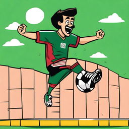 An unattractive person wearing a Mexico soccer jersey jumping over a wall