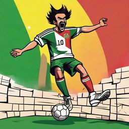 An unattractive person wearing a Mexico soccer jersey jumping over a wall