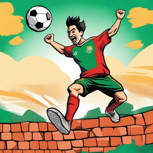 An unattractive person wearing a Mexico soccer jersey jumping over a wall