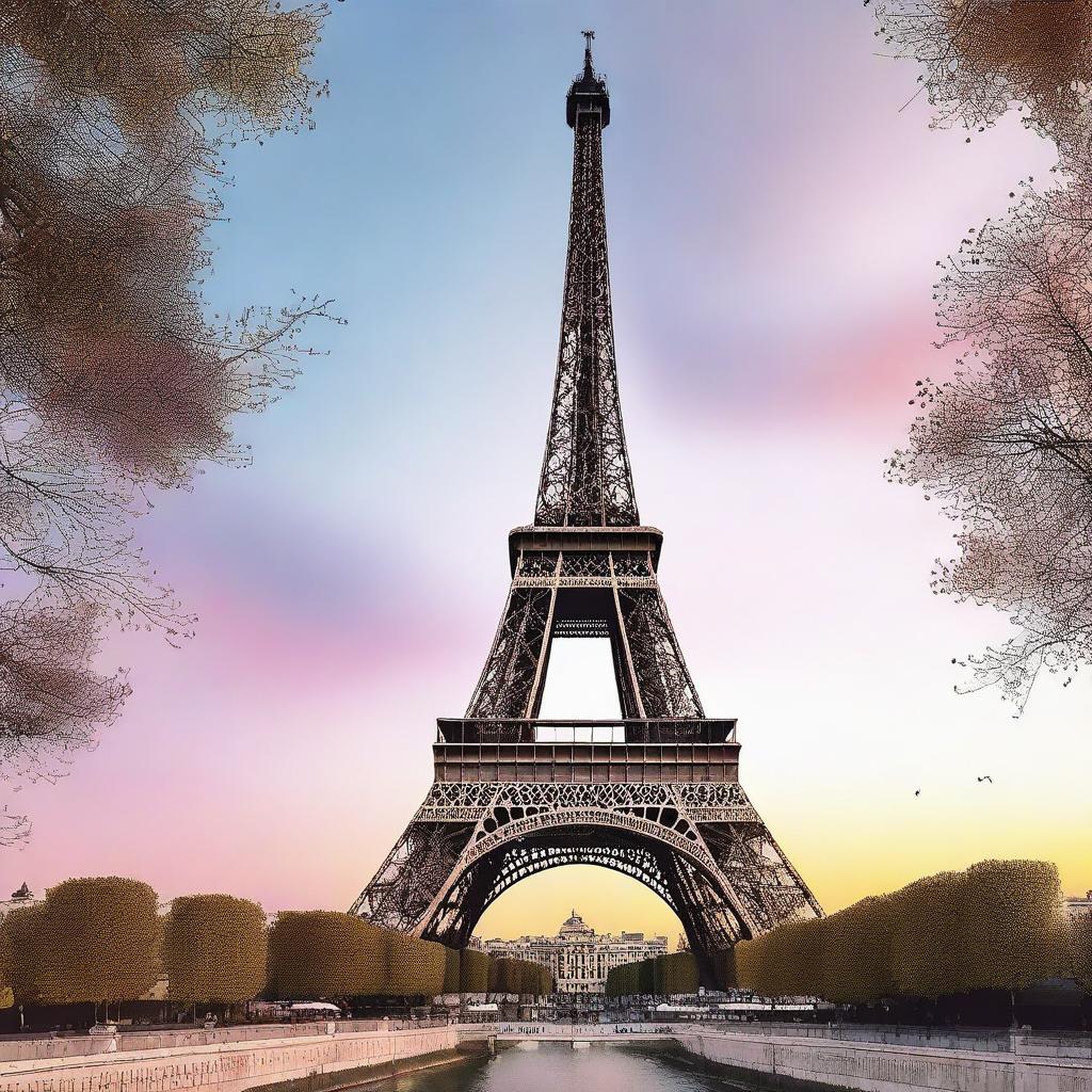 Generate an aesthetic image of the Eiffel Tower at dusk, with a beautiful twilight sky in the background