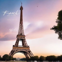 Generate an aesthetic image of the Eiffel Tower at dusk, with a beautiful twilight sky in the background
