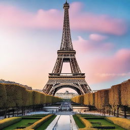 Generate an aesthetic image of the Eiffel Tower at dusk, with a beautiful twilight sky in the background