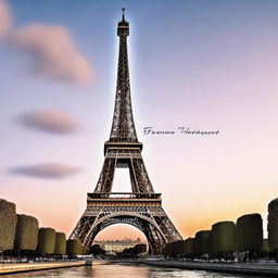 Generate an aesthetic image of the Eiffel Tower at dusk, with a beautiful twilight sky in the background