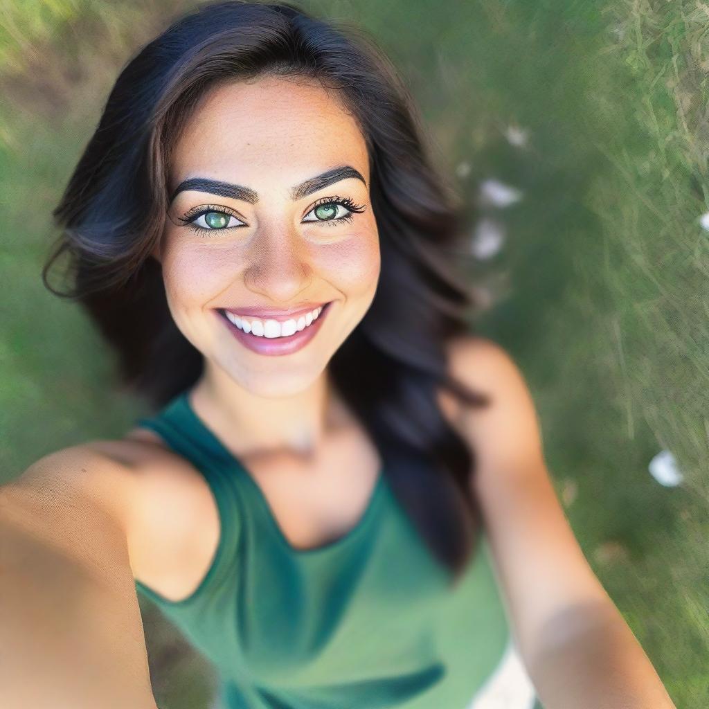 A very beautiful 28-year-old athletic and friendly Latina woman with dark hair, green eyes, and olive skin, taking a selfie from a bird's eye view