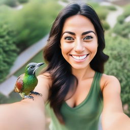 A very beautiful 28-year-old athletic and friendly Latina woman with dark hair, green eyes, and olive skin, taking a selfie from a bird's eye view