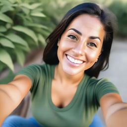 A very beautiful 28-year-old athletic and friendly Latina woman with dark hair, green eyes, and olive skin, taking a selfie from a bird's eye view