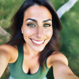 A very beautiful 28-year-old athletic and friendly Latina woman with dark hair, green eyes, and olive skin, taking a selfie from a bird's eye view