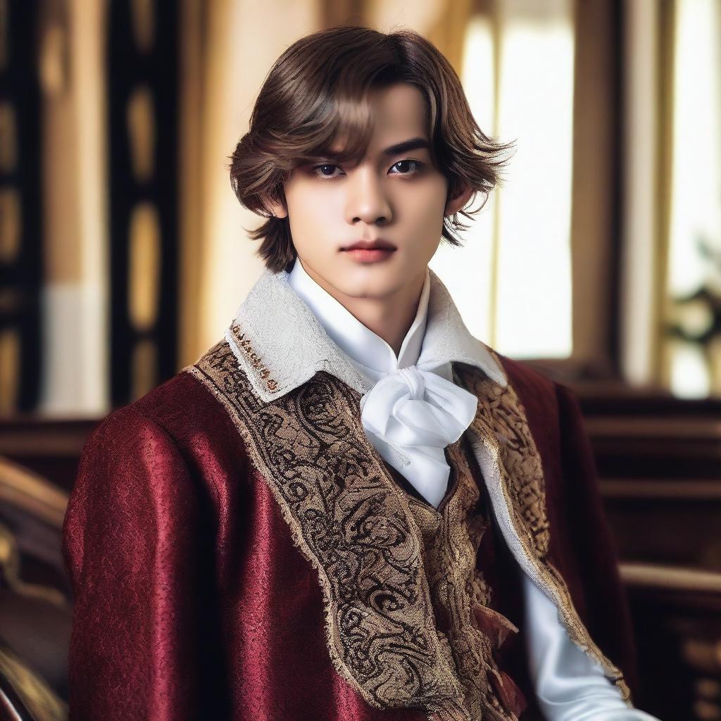 A portrait of Taehyung with hazel eyes and dark brown hair, dressed in an outfit resembling that of a European nobleman